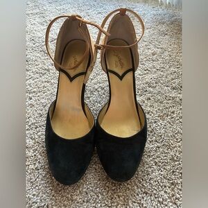Seychelles Black Suede Pumps with Tan Ankle Straps